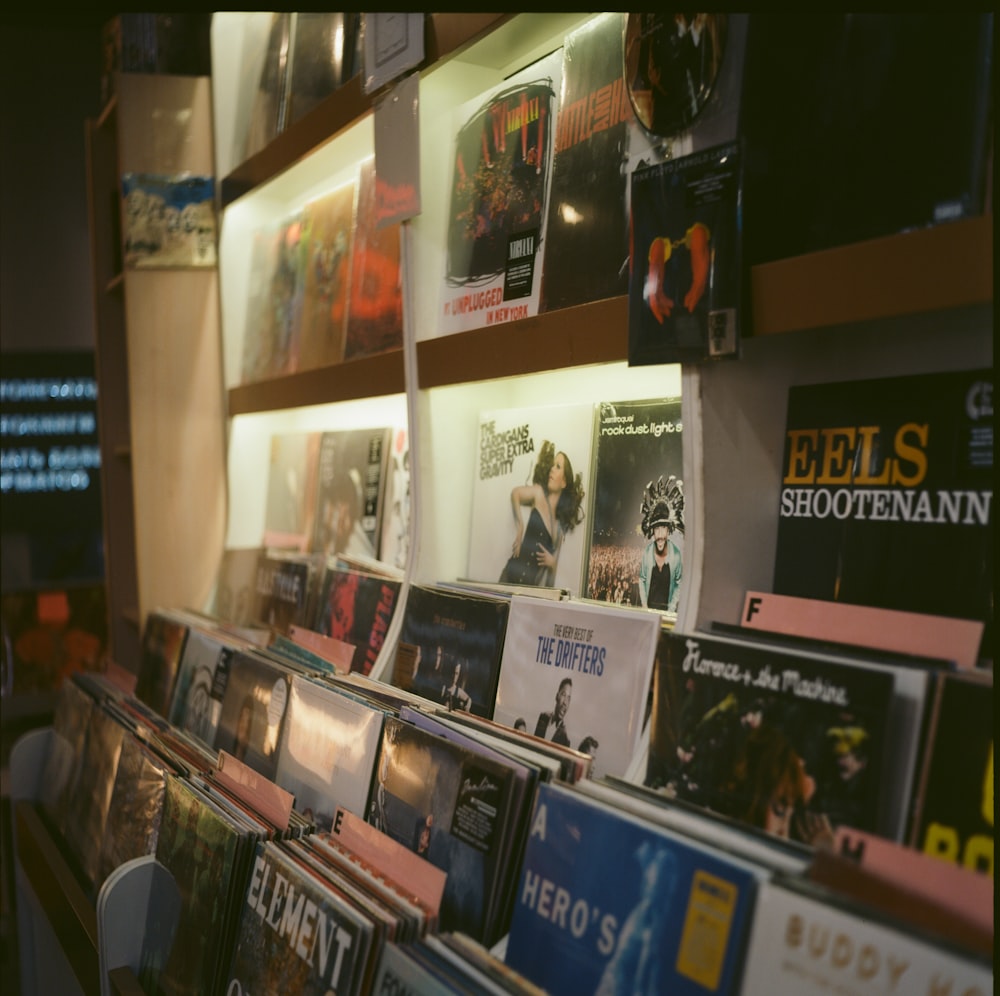 a wall full of cd's in a store