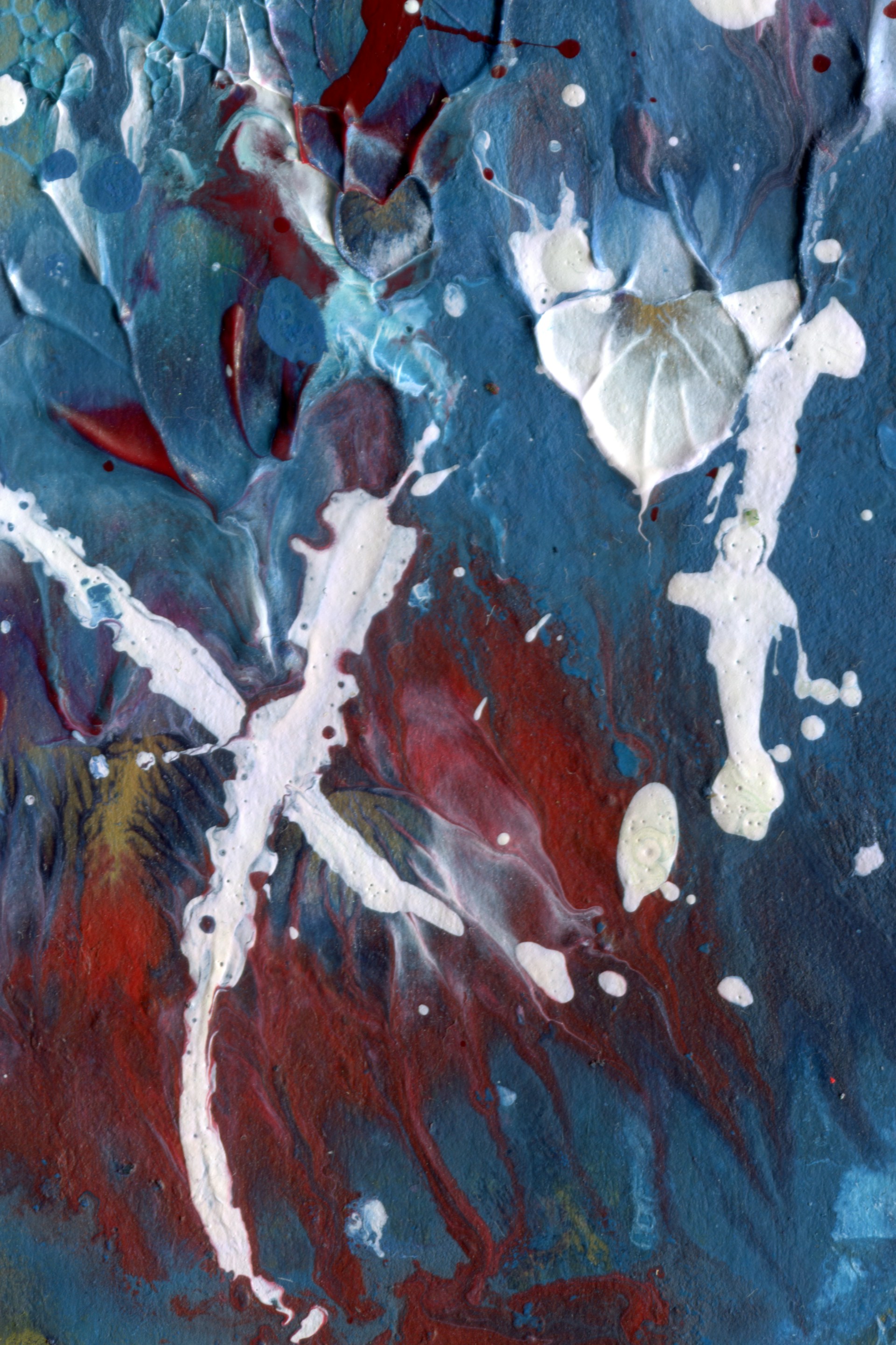 An abstract painting featuring a mix of fluid, swirling patterns in vibrant colors. The composition includes shades of blue, white, red, and hints of yellow, creating a dynamic and captivating visual texture. White splatters and streaks add contrast and depth to the image.
