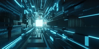 a dark hallway with blue and white lights