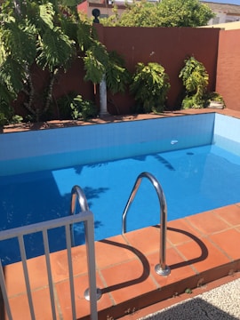 A small rectangular swimming pool with clear blue water is surrounded by terracotta tiles. There is a metal handrail for steps leading into the pool. Green leafy plants are against a tall, muted red wall in the background, providing a bit of lush contrast.