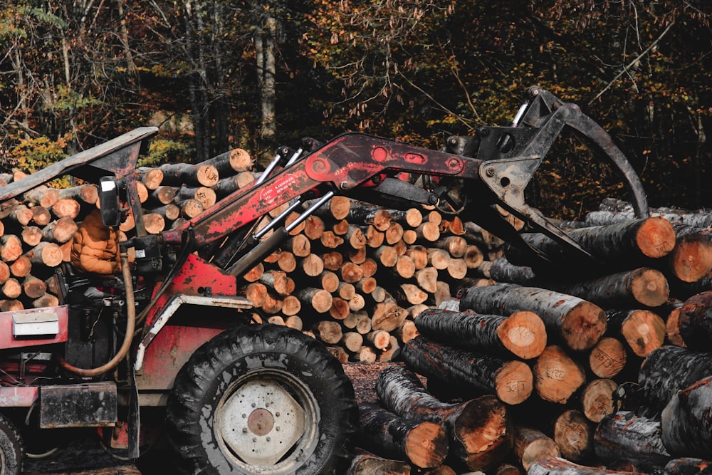 um trator é carregado com troncos em uma floresta
