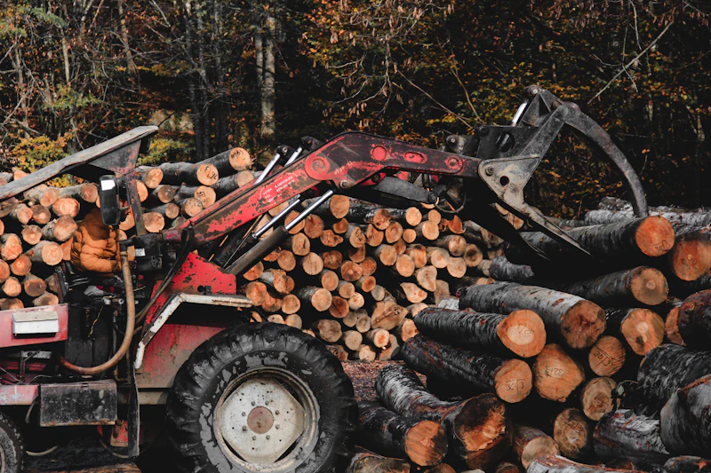 Grapple loader stacking cut logs at a forest landing