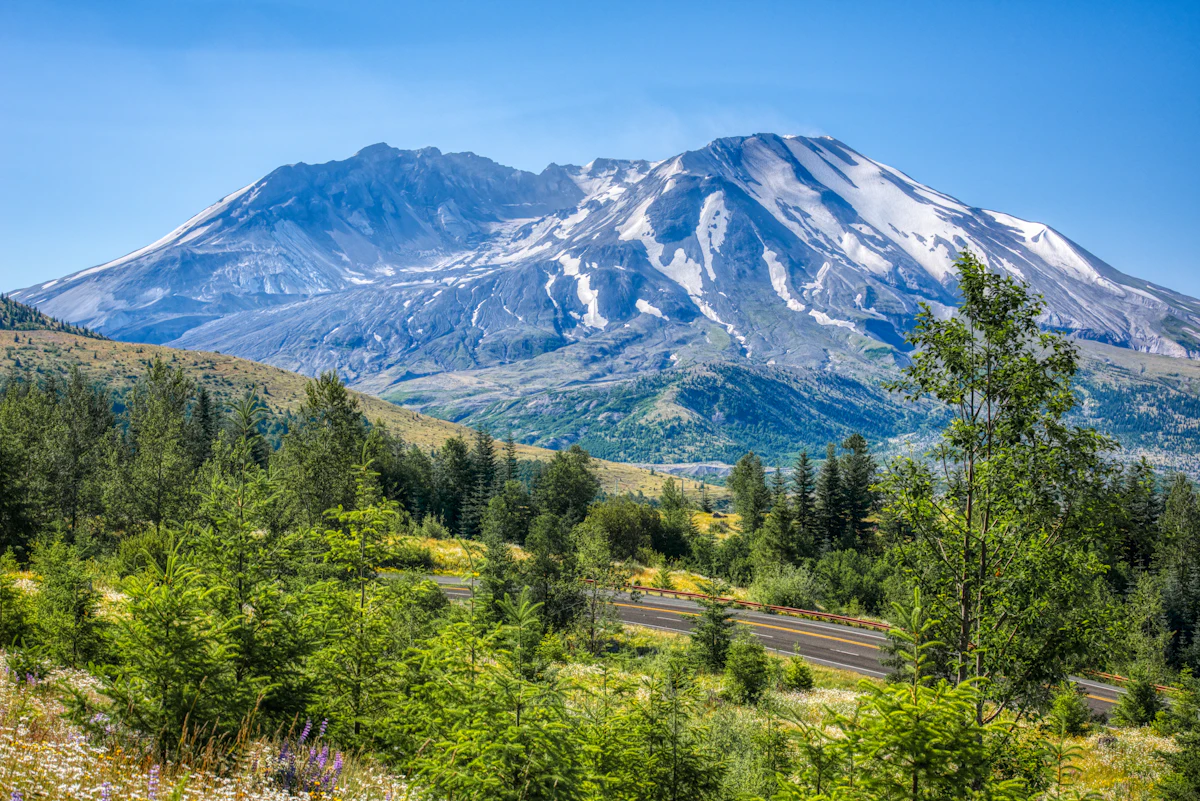 Mount St. Helens streaked with snow, above green conifers and a road