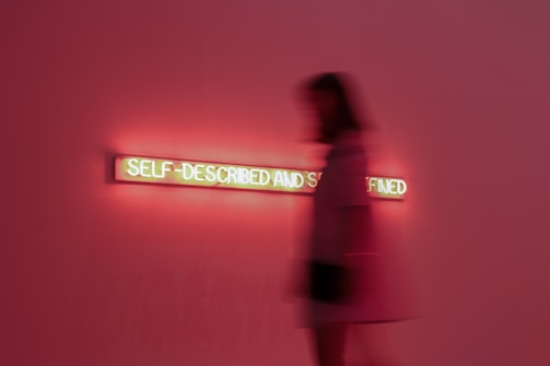 A blurred silhouette of a person stands in front of a glowing neon sign with the words 'SELF-DESCRIBED AND SELF DEFINED' in a dimly lit space. The predominant color is red, which envelops the entire scene.