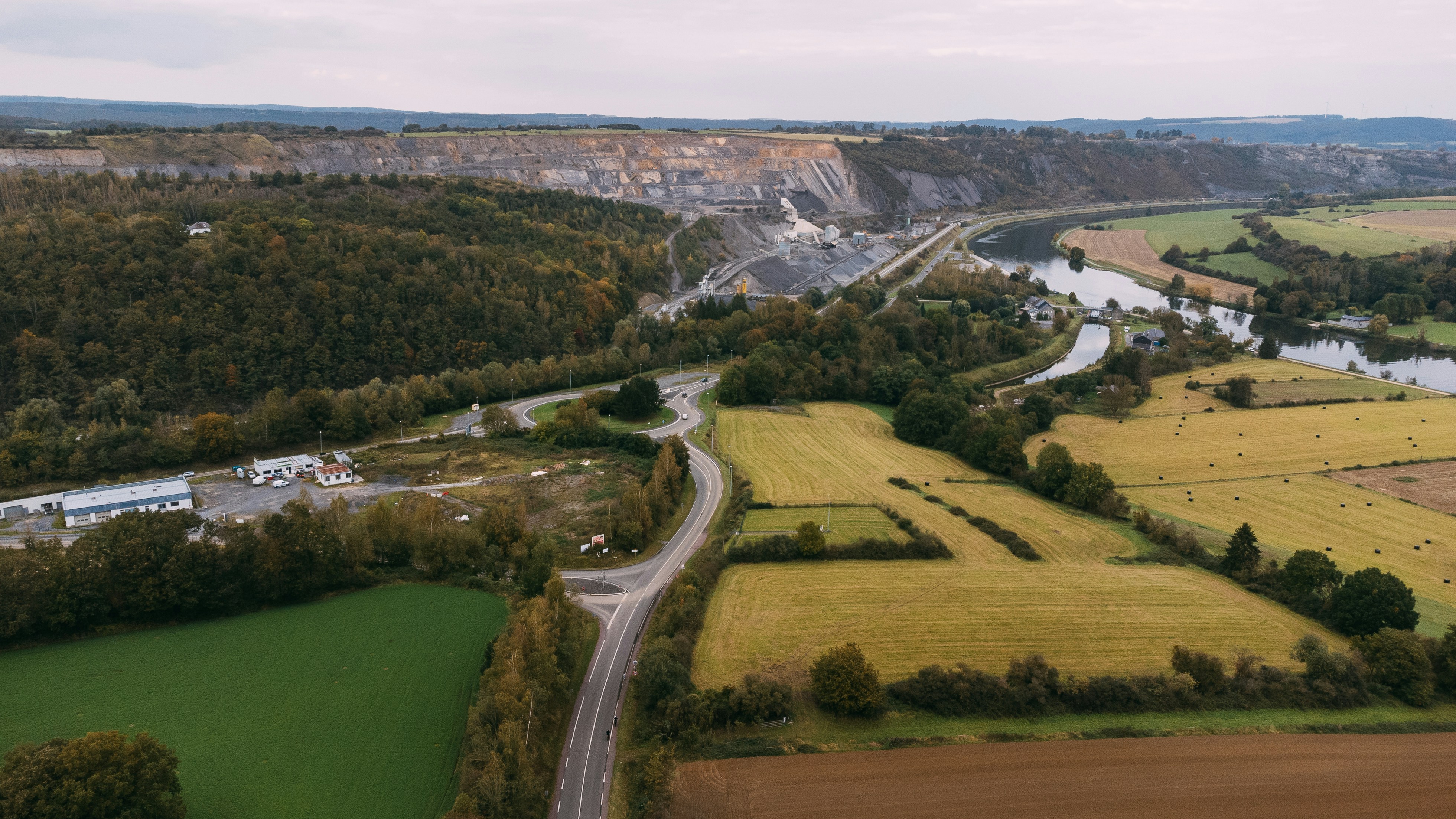 An aerial view of a rural area with a river running through it photo ...