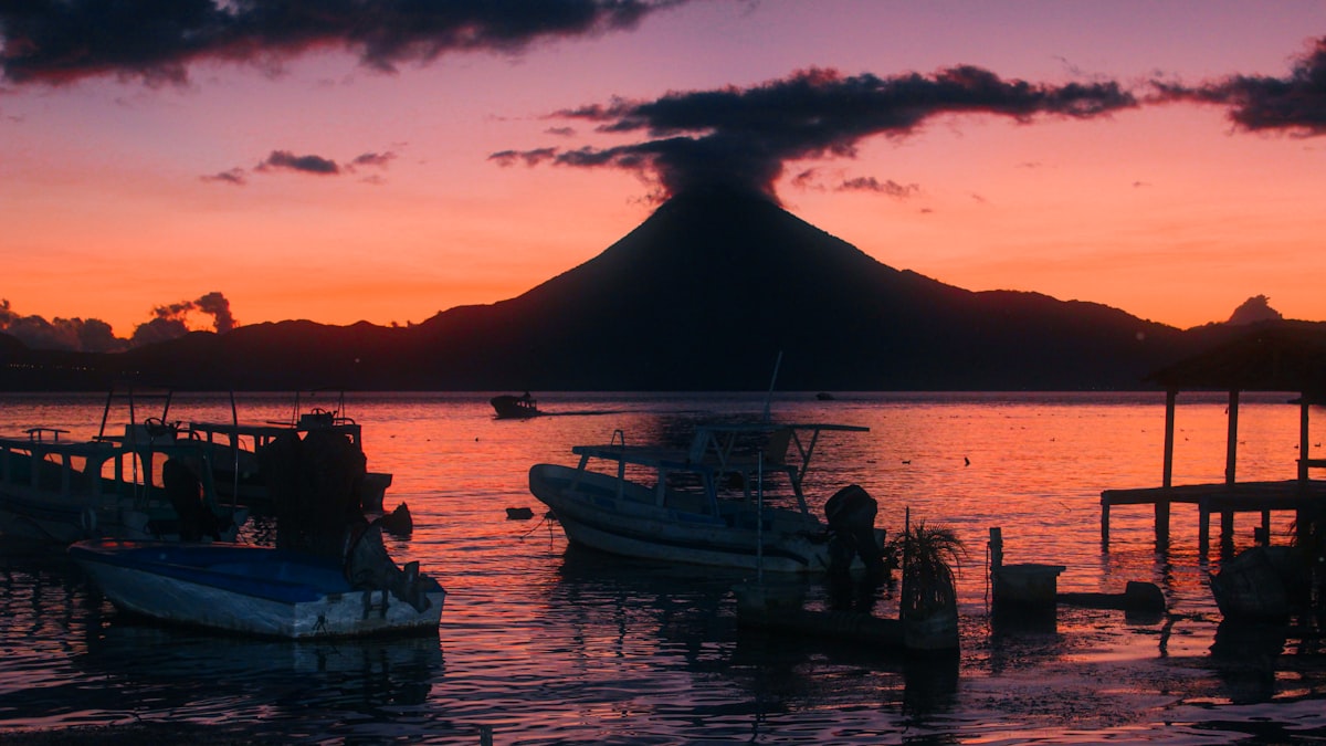 Lake Atitlán volcanoes at January sunrise