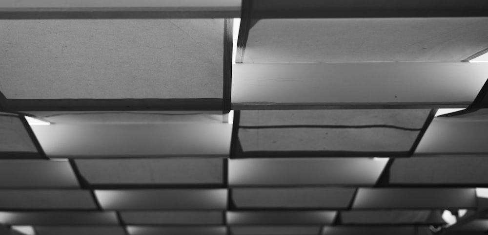 una foto in bianco e nero di un soffitto