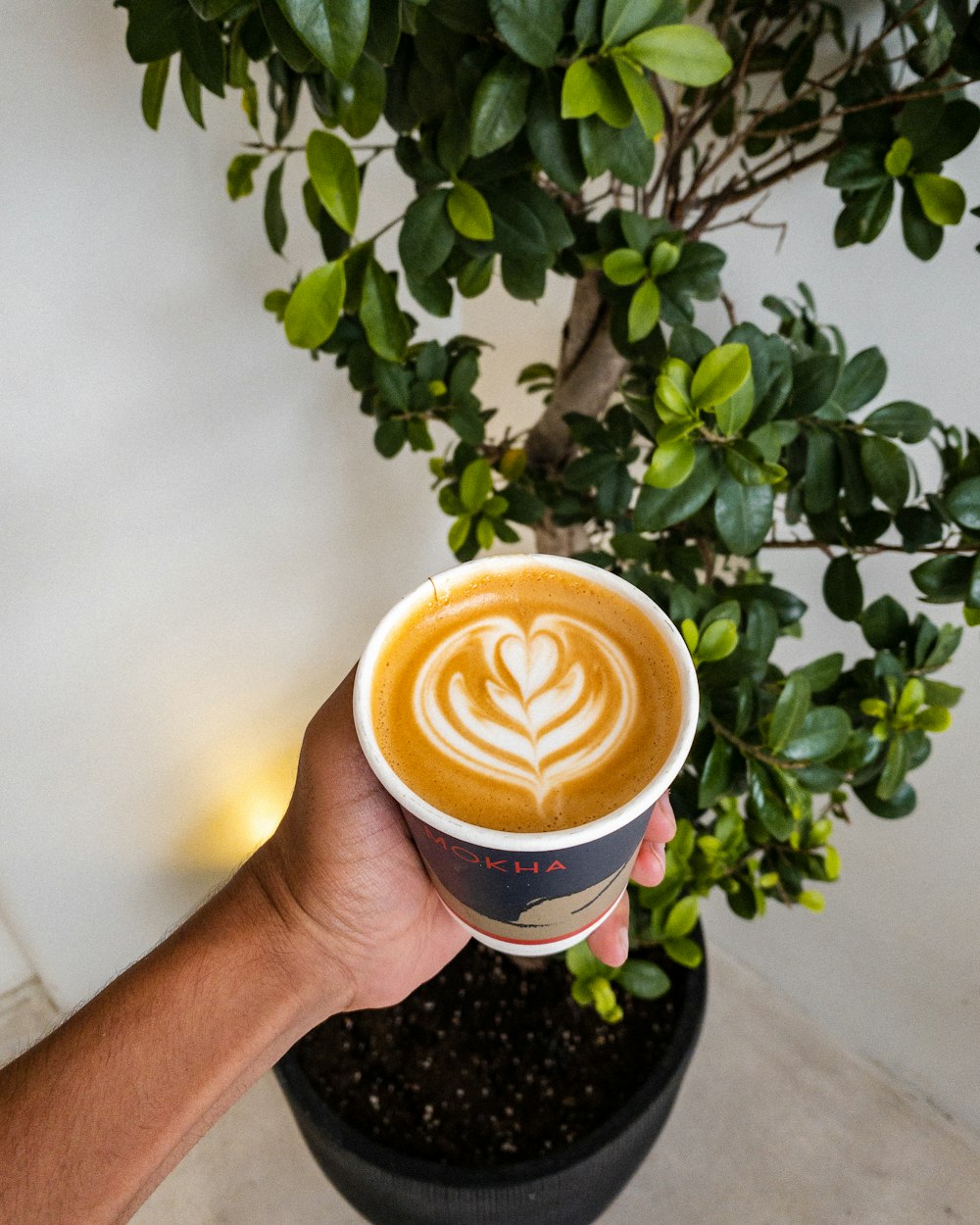 a hand holding a cup of latte art coffee