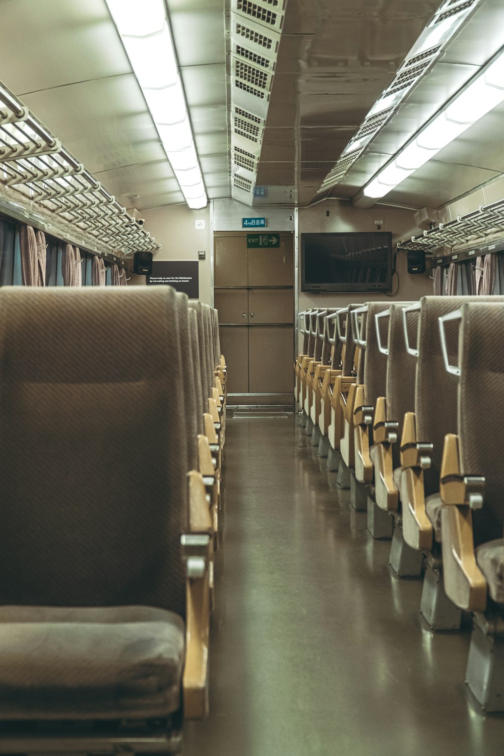 a row of empty seats on a train