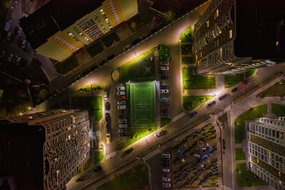an aerial view of a soccer field at night
