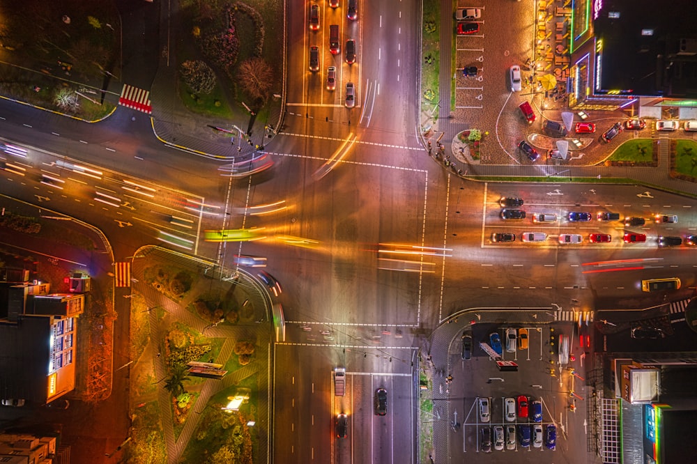 an aerial view of a busy intersection at night