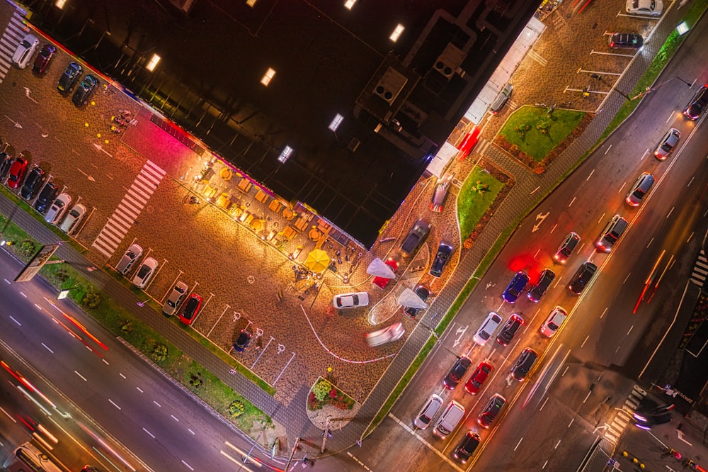 an aerial view of a city street at night