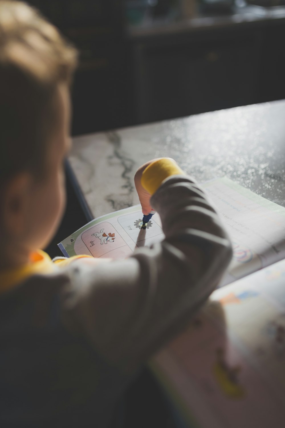 a little boy sitting at a table with a book