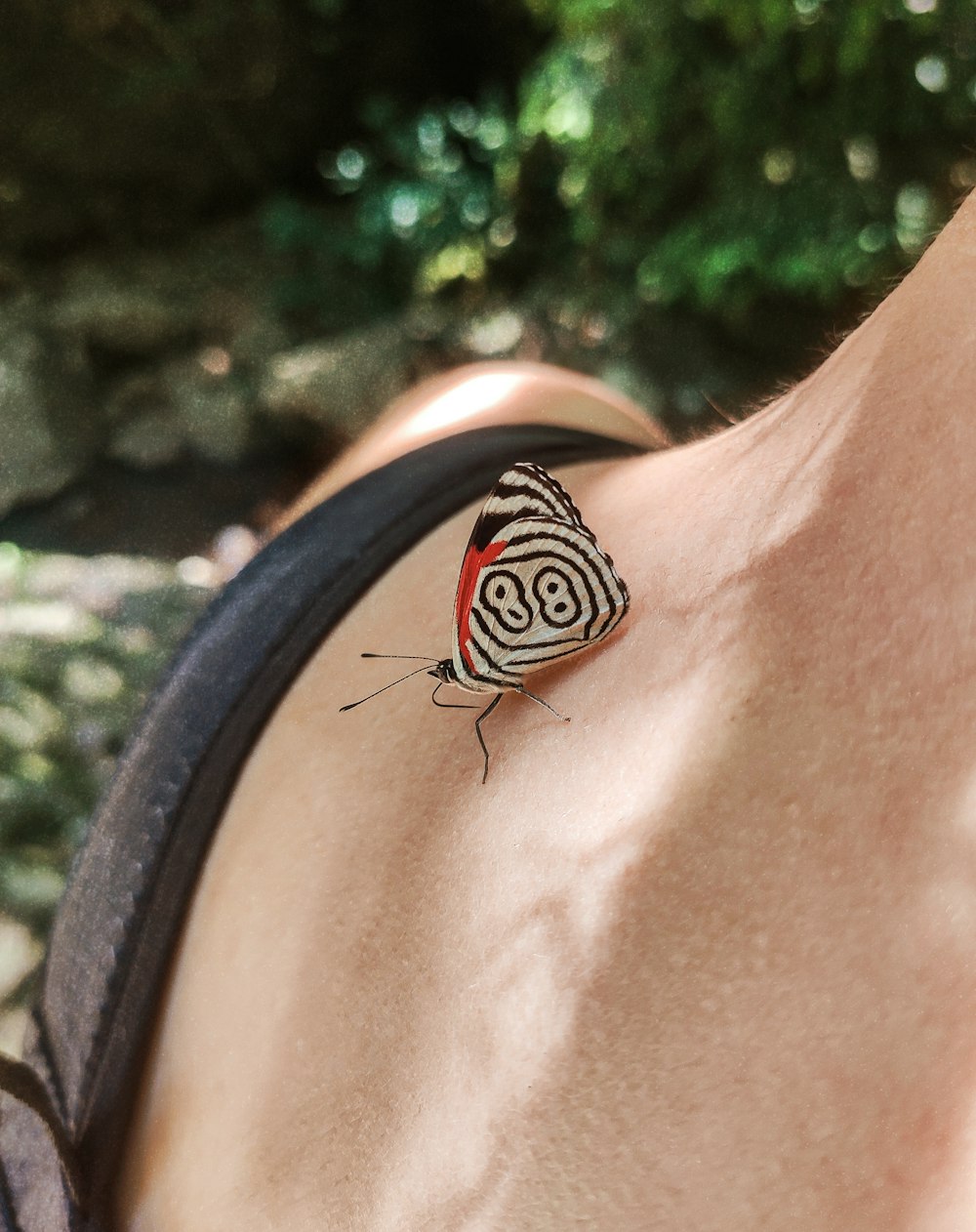 a close up of a person with a butterfly on their shoulder