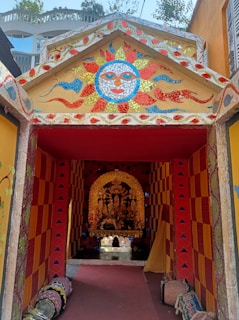 A vibrant entryway adorned with colorful tiles.