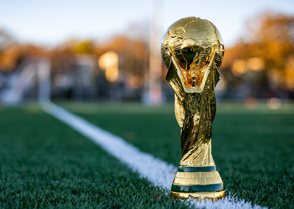 a golden trophy sitting on top of a lush green field