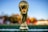 A gold trophy is placed on a grassy field with a blurred background of trees and sky. The trophy features intricate designs and reflective surfaces, catching the light.