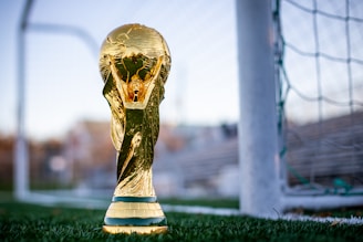 a golden soccer trophy sitting on top of a field