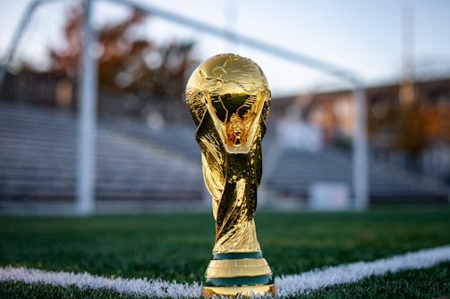a golden trophy sitting on top of a soccer field