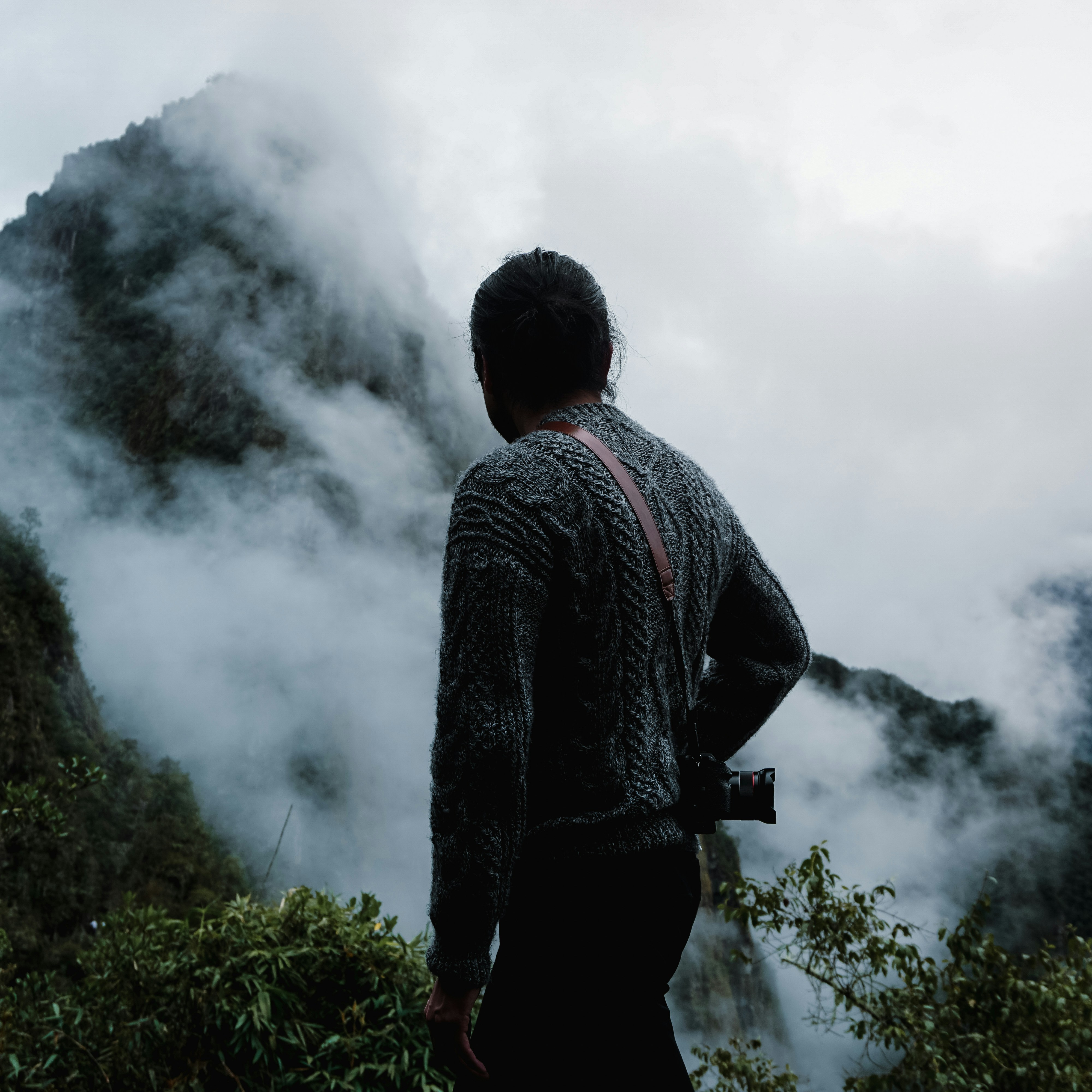 a man standing on top of a lush green hillside