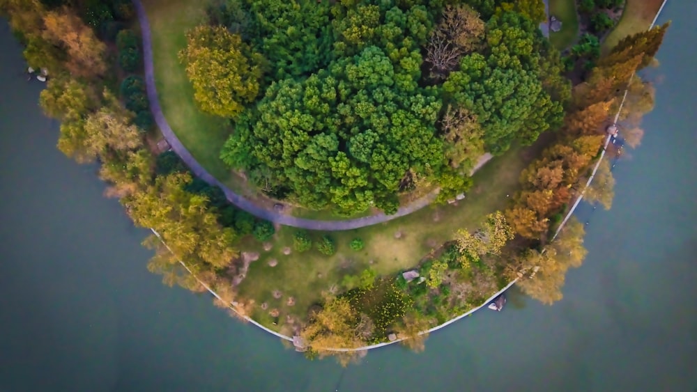 an aerial view of a park with a river running through it