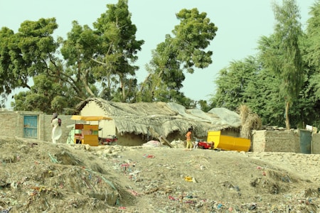A rural scene featuring a traditional thatched-roof hut surrounded by lush green trees. The hut is accompanied by a few other small structures, including ones made with brick. In the foreground, the land appears dry and littered with debris and garbage. A person in light clothing is walking away from the hut, while another child stands nearby. The landscape includes various shades of green trees and a clear sky.