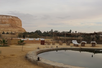A serene and tranquil desert setting featuring an oasis with palm trees and a small body of water surrounded by wicker furniture and natural seating arrangements. A rocky cliff looms in the background under a cloudy sky.