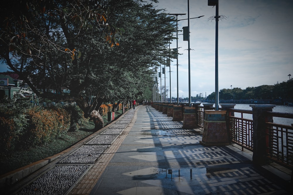 a long sidewalk with a tree and a fence