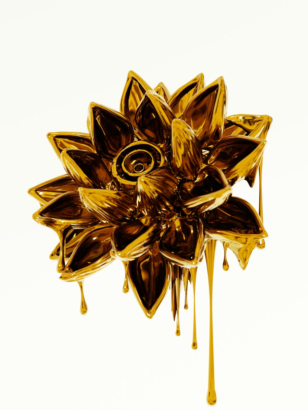 a golden flower with drops of liquid on it