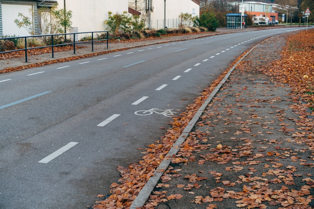 a bike lane on a street with leaves on the ground