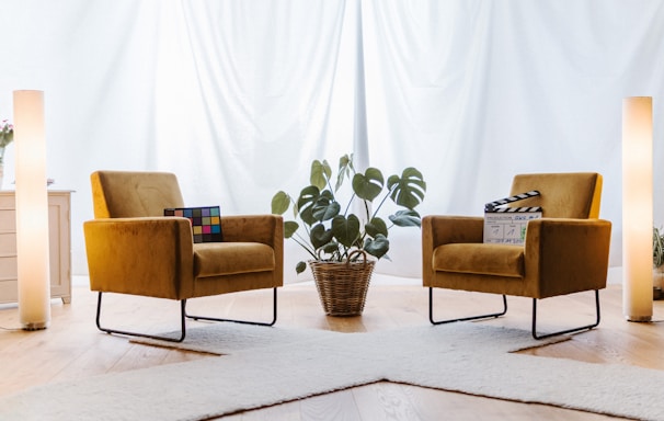 a living room with two chairs and a plant