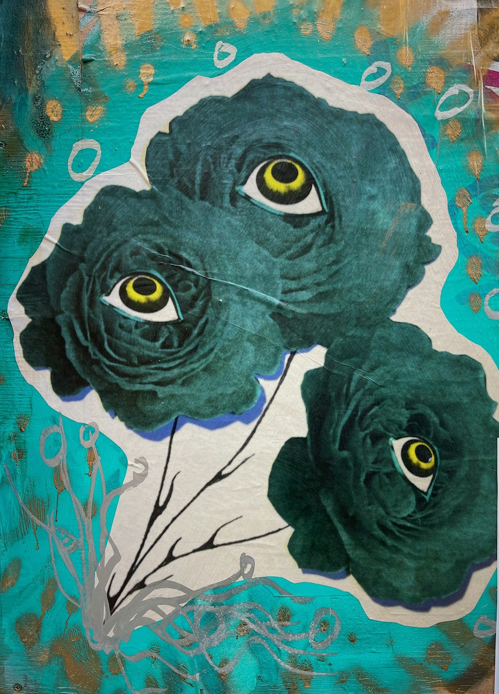 a painting of two flowers with yellow eyes