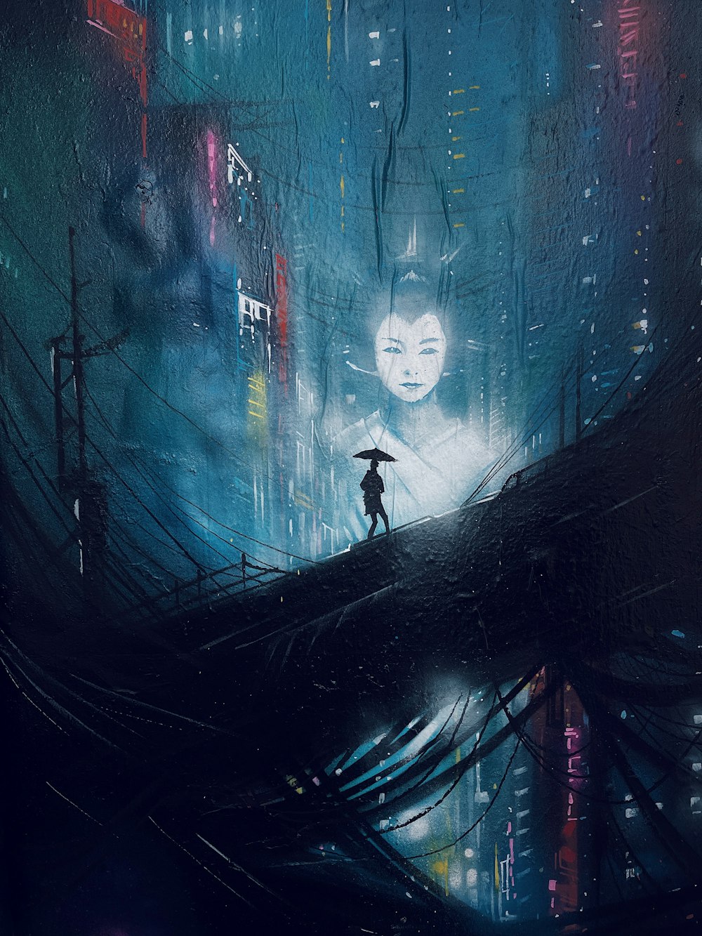 a painting of a person holding an umbrella in the rain