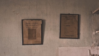 Two framed vintage documents are hanging on an aged, textured wall. The frames have a worn appearance, suggesting historical or antiquated content. The wall exhibits signs of wear and discoloration.