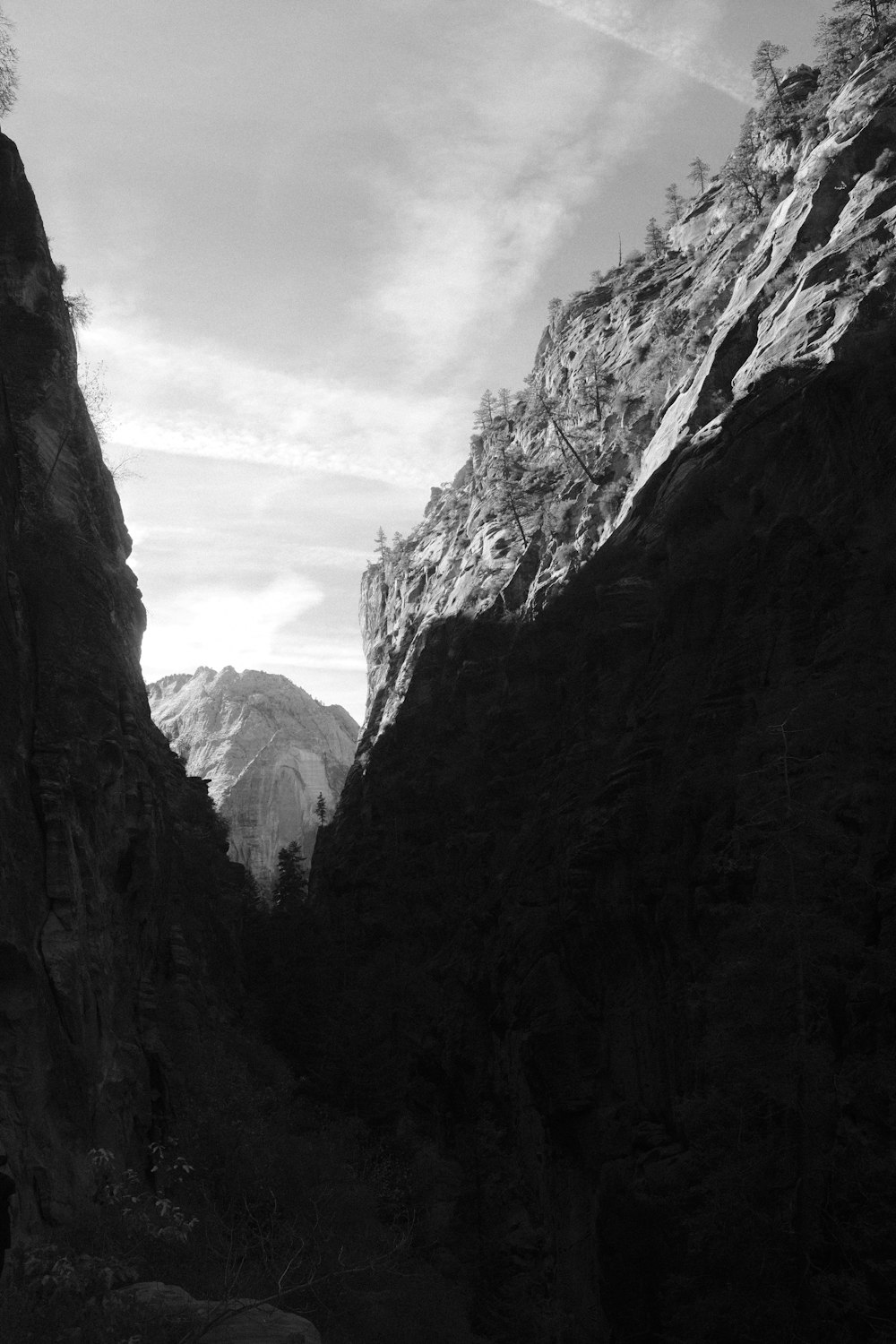 a black and white photo of a canyon