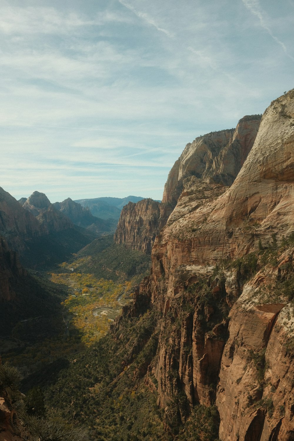 a scenic view of a valley with mountains in the background