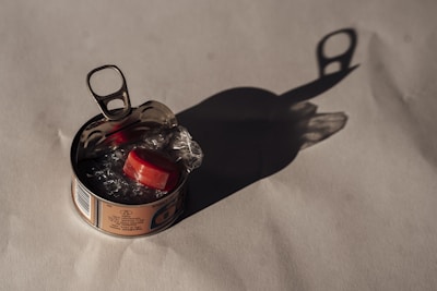 A partially opened can rests on a flat surface, containing a red plastic bottle cap and some crumpled clear plastic. The can casts a prominent shadow on the surface.
