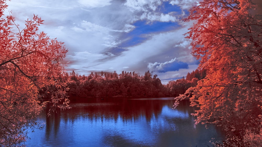 a lake surrounded by trees under a cloudy blue sky