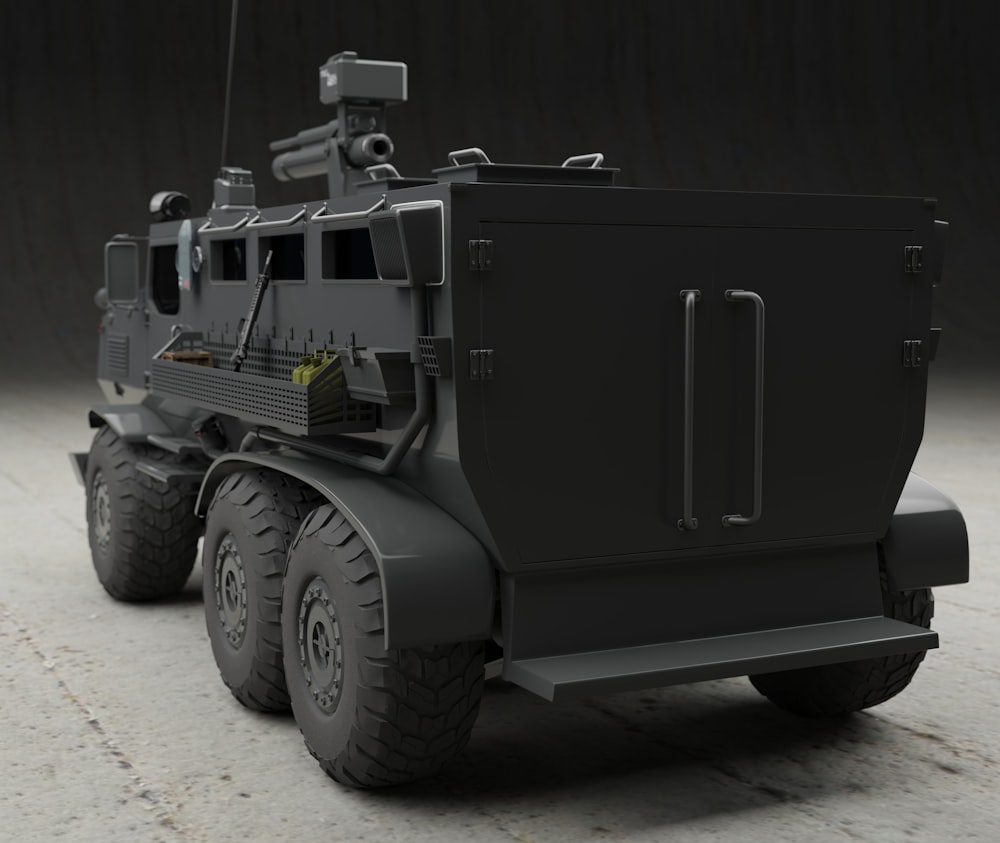 a black military vehicle with a radio on top of it