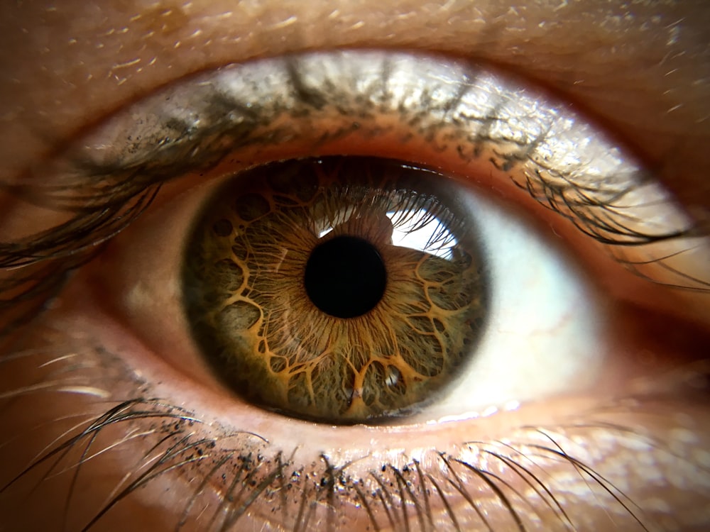 a close up of a person's green eye