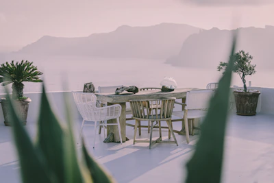An elegant dining setup at a seaside resort.