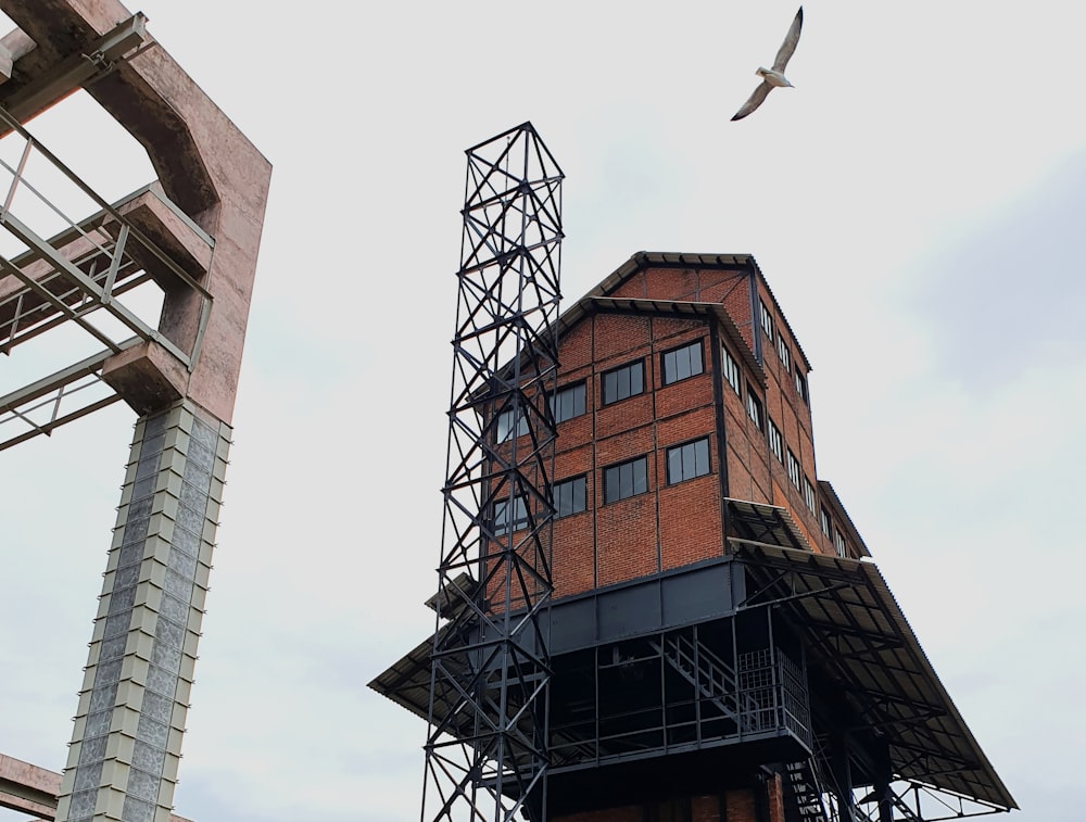 a bird flying over a tall red brick building