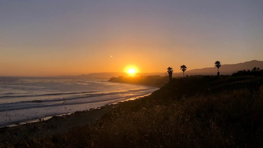 the sun is setting over a beach with palm trees