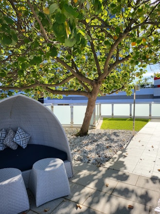 A cozy outdoor seating area is set under a leafy tree with sunlight filtering through the branches. The seating features a modern, curved design with two cushions displaying geometric patterns. Surrounding this area is a well-maintained landscape with small white pebbles, a green lawn, and a tiled walkway leading up to it. A glass barrier with metal supports runs parallel to the seating area, adding a sleek and contemporary touch.