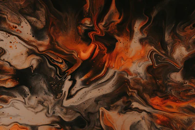 An abstract painting showing swirling patterns inspired by the movement of firelight.