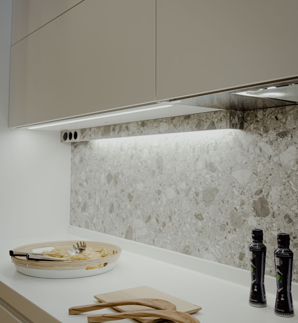 a kitchen counter with a bowl of food on it