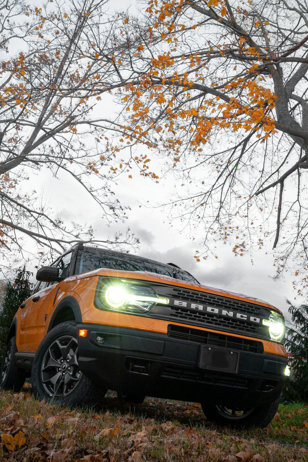 a bright orange truck is parked under a tree