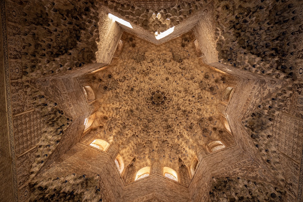 a view looking up at the ceiling of a building