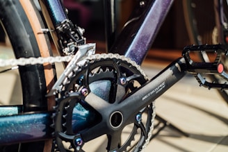 Close-up of a bicycle crankset featuring a chainring, chain, and pedal. The frame and components have a sleek, metallic finish.