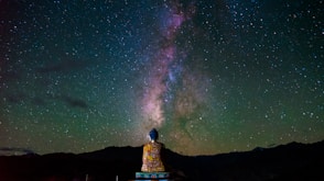 a person standing on top of a wooden structure under a night sky filled with stars
